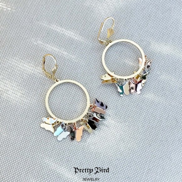 Pretty Bird Jewelry - 18K Yellow Gold Plated Tri Color Butterfly Hoop Earrings